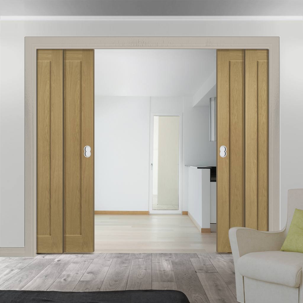 Walden American Oak Veneer Staffetta Quad Telescopic Pocket Doors - Unfinished