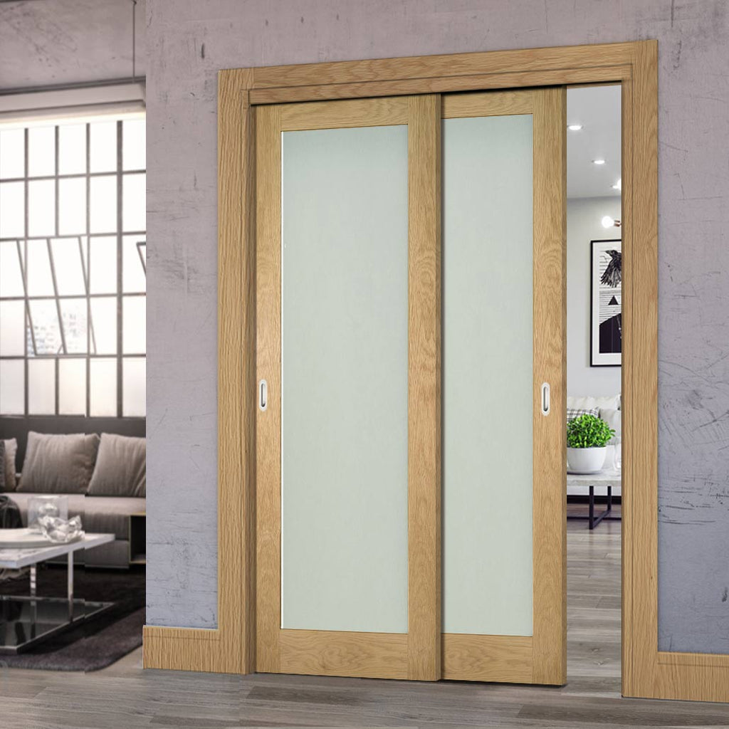 Pass-Easi Two Sliding Doors and Frame Kit - Walden Real American Oak Veneer Door - Frosted Glass - Unfinished