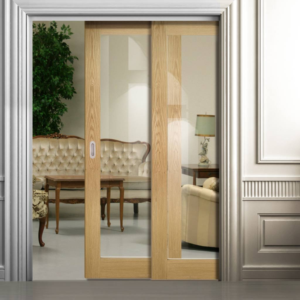 Walden American Oak Veneer Staffetta Twin Telescopic Pocket Doors - Clear Glass - Unfinished