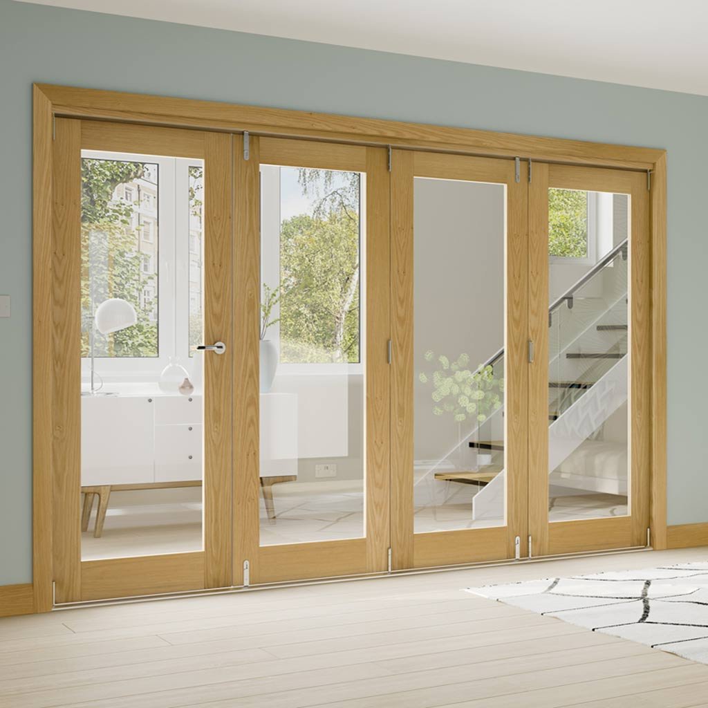 Four Folding Doors & Frame Kit - Walden Oak 3+1 - Clear Glass - Unfinished