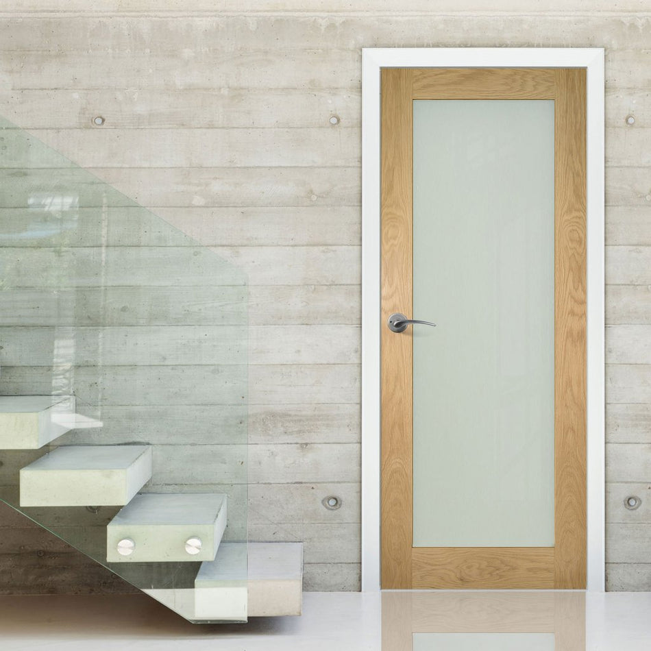 Walden oak veneer interior shaker door with frosted safety glass