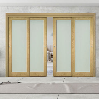 Image: Pass-Easi Four Sliding Doors and Frame Kit - Walden Real American Oak Veneer Door - Frosted Glass - Unfinished