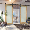 Double Sliding Door & Black Barn Track - Walden American Oak Veneer Door - Frosted Safety Glass - Unfinished