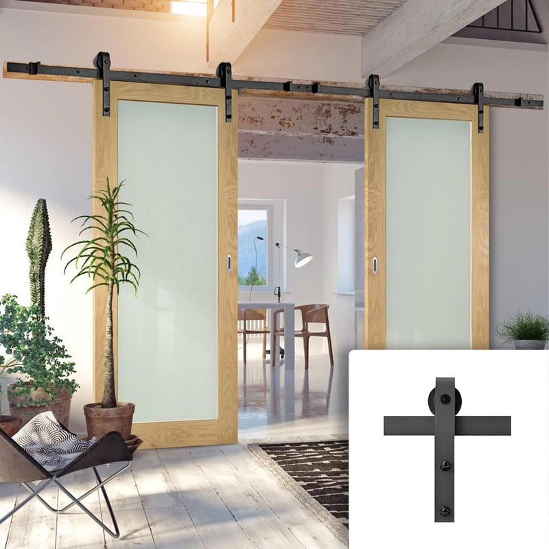 Double Sliding Door & Black Barn Track - Walden American Oak Veneer Door - Frosted Safety Glass - Unfinished