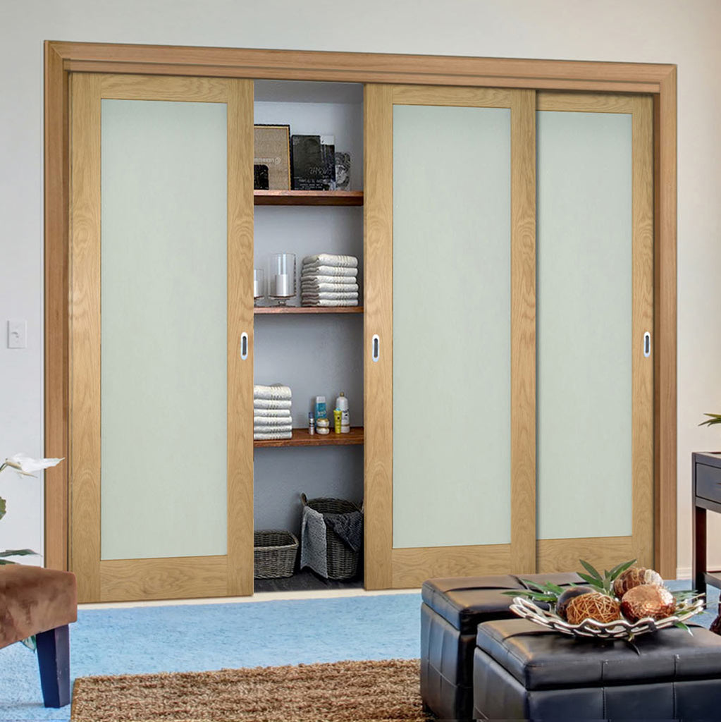 Three Sliding Maximal Wardrobe Doors & Frame Kit - Walden Real American Oak Veneer Door - Frosted Glass - Unfinished