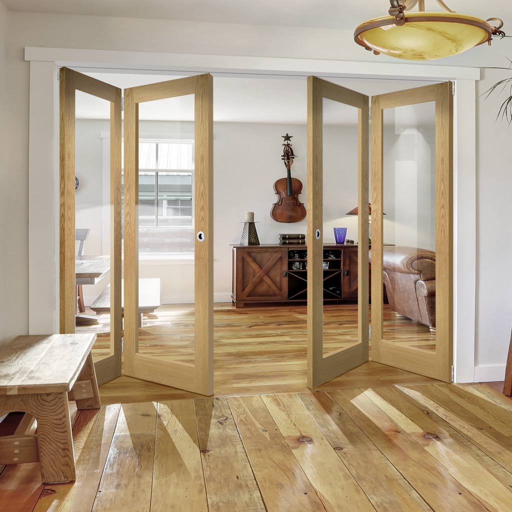 Four Folding Doors & Frame Kit - Walden Oak 2+2 - Clear Glass - Unfinished