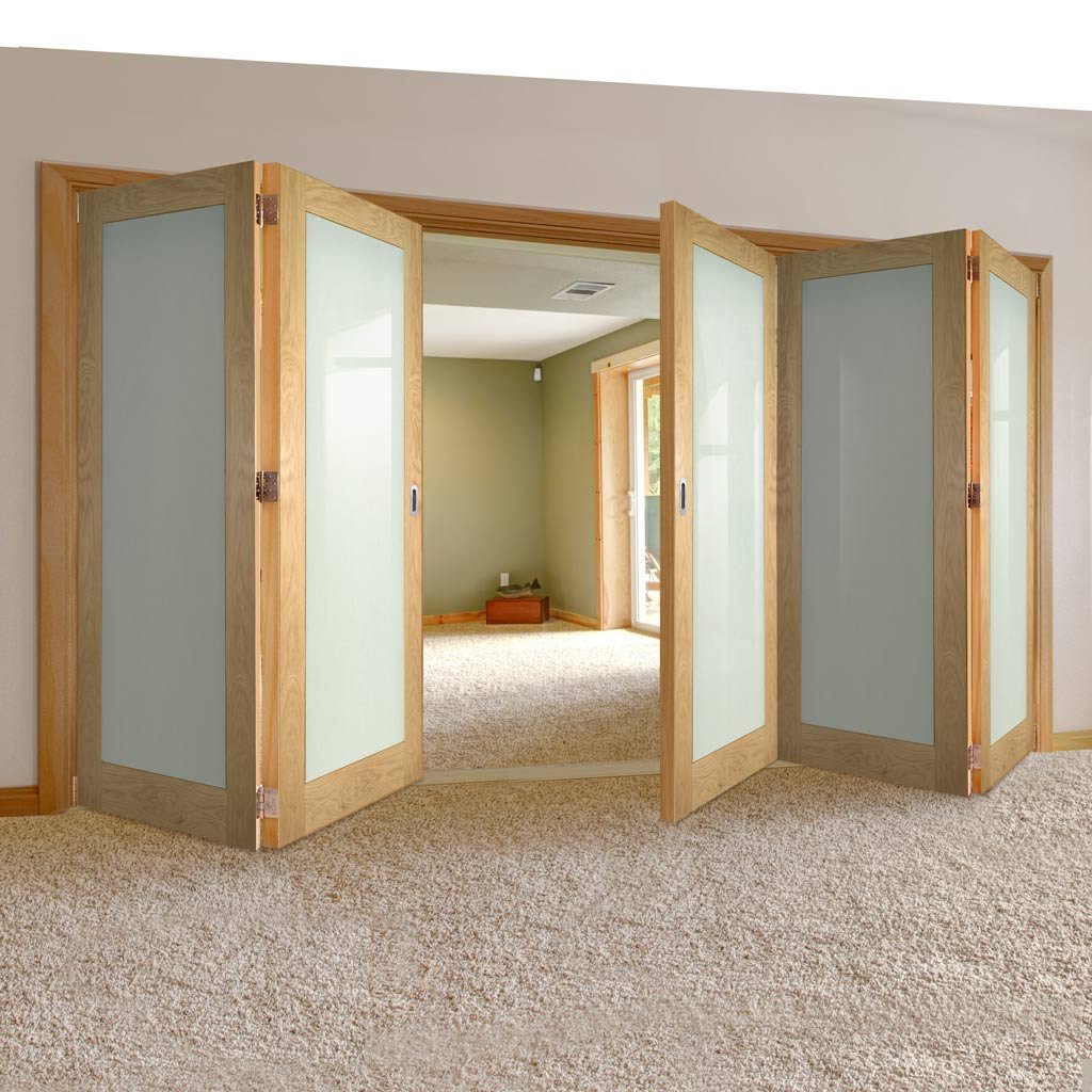 Five Folding Doors & Frame Kit - Walden Oak 3+2 - Frosted Glass - Unfinished