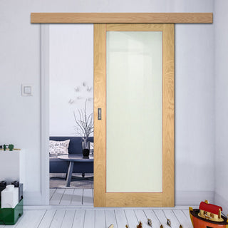 Image: Single Sliding Door & Wall Track - Walden Real American Oak Veneer Door - Frosted Glass - Unfinished