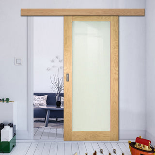 Image: Single Sliding Door & Wall Track - Walden Real American Oak Veneer Door - Frosted Glass - Unfinished
