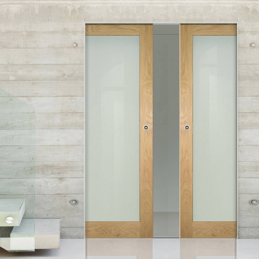 Walden Oak Absolute Evokit Double Pocket Doors - Frosted Glass - Unfinished