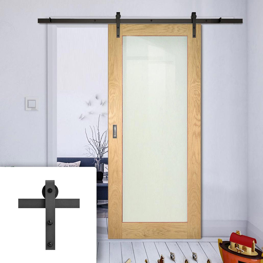 Single Sliding Door & Black Barn Track - Walden American Oak Veneer Door - Frosted Safety Glass - Unfinished