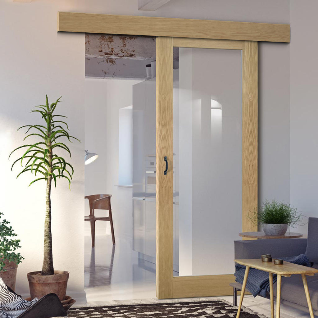 Single Sliding Door & Wall Track - Walden Real American Oak Veneer Door - Clear Glass - Unfinished