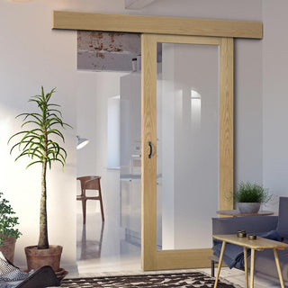 Image: Single Sliding Door & Wall Track - Walden Real American Oak Veneer Door - Clear Glass - Unfinished