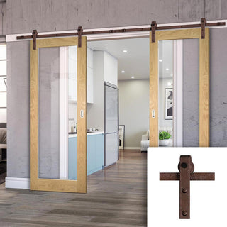 Image: Double Sliding Door & Straight Antique Rust Track - Walden American Oak Veneer Door - Clear Safety Glass - Unfinished