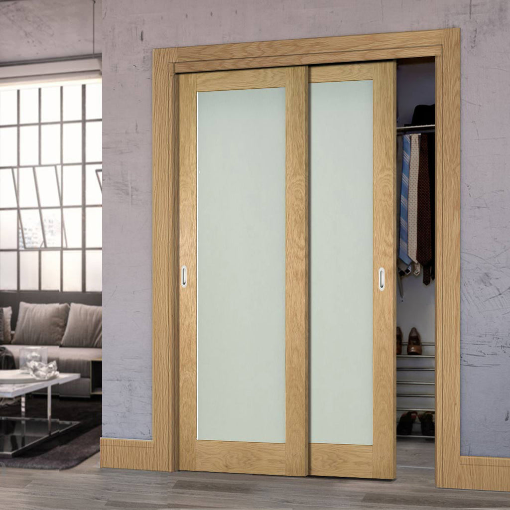 Two Sliding Maximal Wardrobe Doors & Frame Kit - Walden Real American Oak Veneer Door - Frosted Glass - Unfinished