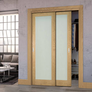Image: Two Sliding Maximal Wardrobe Doors & Frame Kit - Walden Real American Oak Veneer Door - Frosted Glass - Unfinished