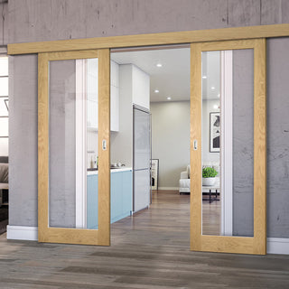 Image: Double Sliding Door & Wall Track - Walden Real American Oak Veneer Door - Clear Glass - Unfinished