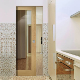 Image: Walden Oak Absolute Evokit Single Pocket Door - Clear Glass - Unfinished