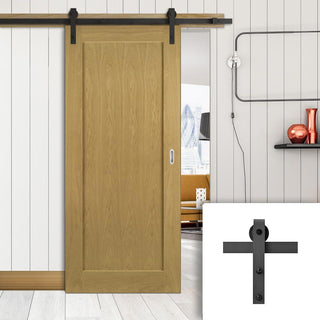 Image: Single Sliding Door & Black Barn Track - Walden American Oak Veneer Door - Unfinished