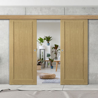 Image: Double Sliding Door & Wall Track - Walden Real American Oak Veneer Door - Unfinished