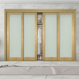 Image: Four Sliding Maximal Wardrobe Doors & Frame Kit - Walden Real American Oak Veneer Door - Frosted Glass - Unfinished