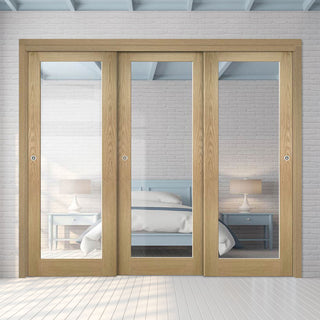 Image: Pass-Easi Three Sliding Doors and Frame Kit - Walden Real American Oak Veneer Door - Clear Glass - Unfinished