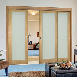 Image: Pass-Easi Three Sliding Doors and Frame Kit - Walden Real American Oak Veneer Door - Frosted Glass - Unfinished