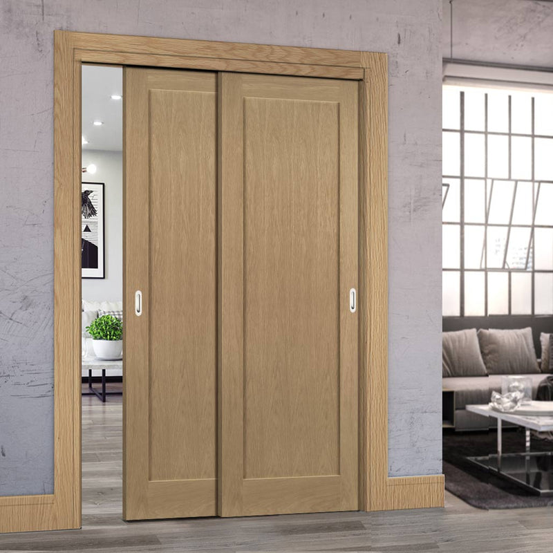 Pass-Easi Two Sliding Doors and Frame Kit - Walden Real American Oak Veneer Door - Unfinished