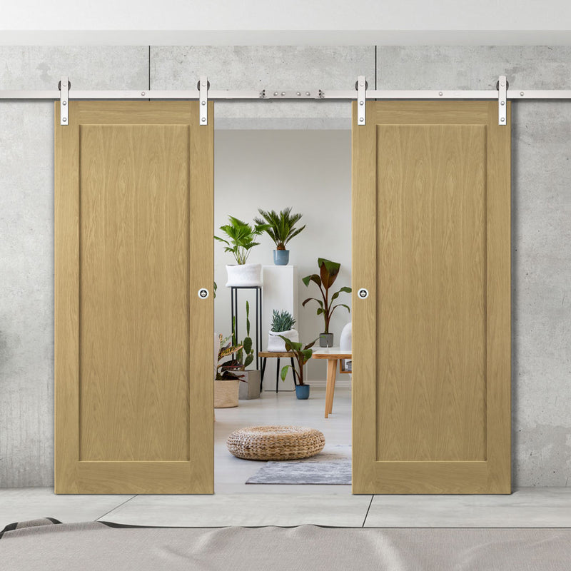 Double Sliding Door & Stainless Barn Steel Track - Walden American Oak Veneer Door - Unfinished