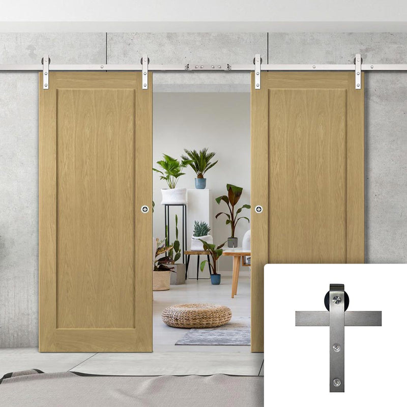 Double Sliding Door & Stainless Barn Steel Track - Walden American Oak Veneer Door - Unfinished