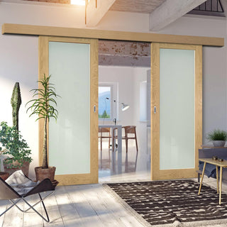 Image: Double Sliding Door & Wall Track - Walden Real American Oak Veneer Door - Frosted Glass - Unfinished