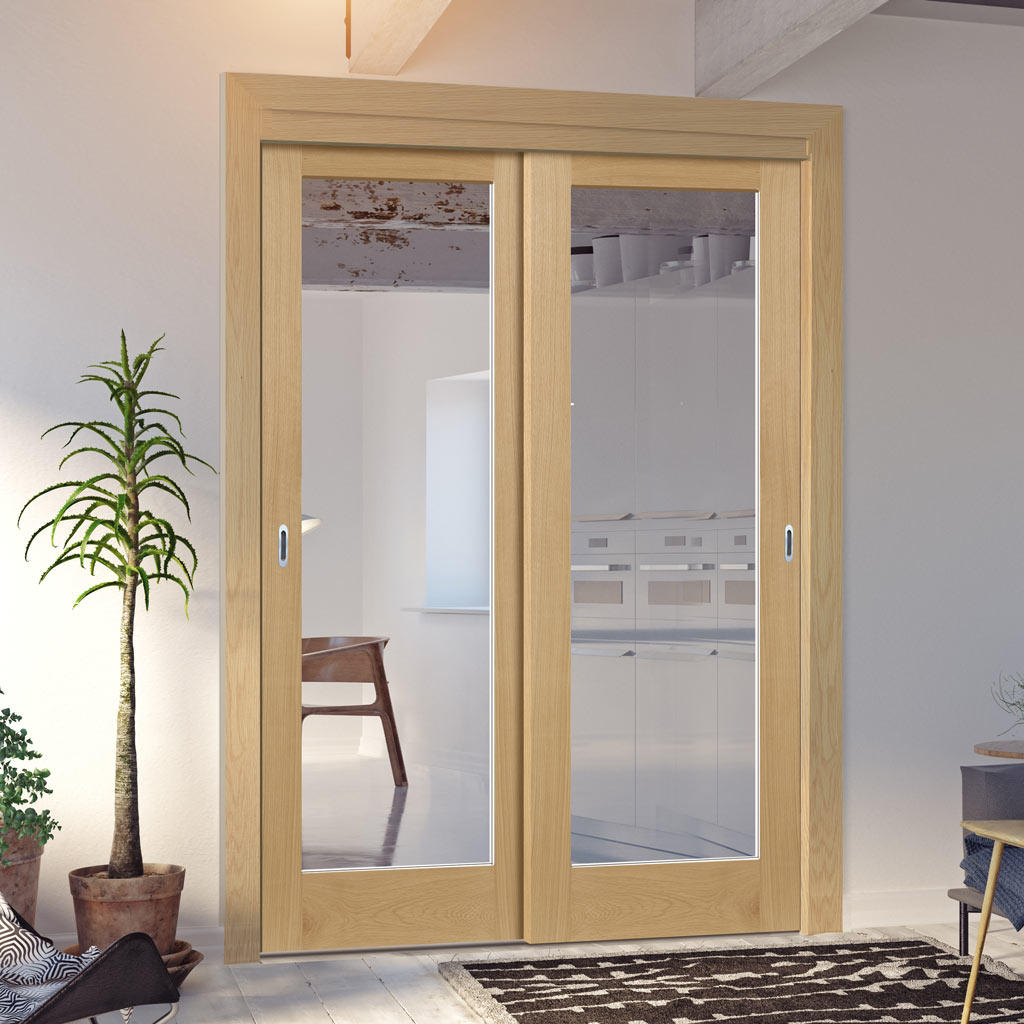 Pass-Easi Two Sliding Doors and Frame Kit - Walden Real American Oak Veneer Door - Clear Glass - Unfinished