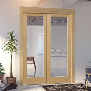 Image: Pass-Easi Two Sliding Doors and Frame Kit - Walden Real American Oak Veneer Door - Clear Glass - Unfinished