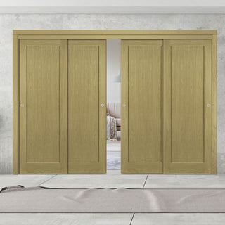 Image: Pass-Easi Four Sliding Doors and Frame Kit - Walden Real American Oak Veneer Door - Unfinished