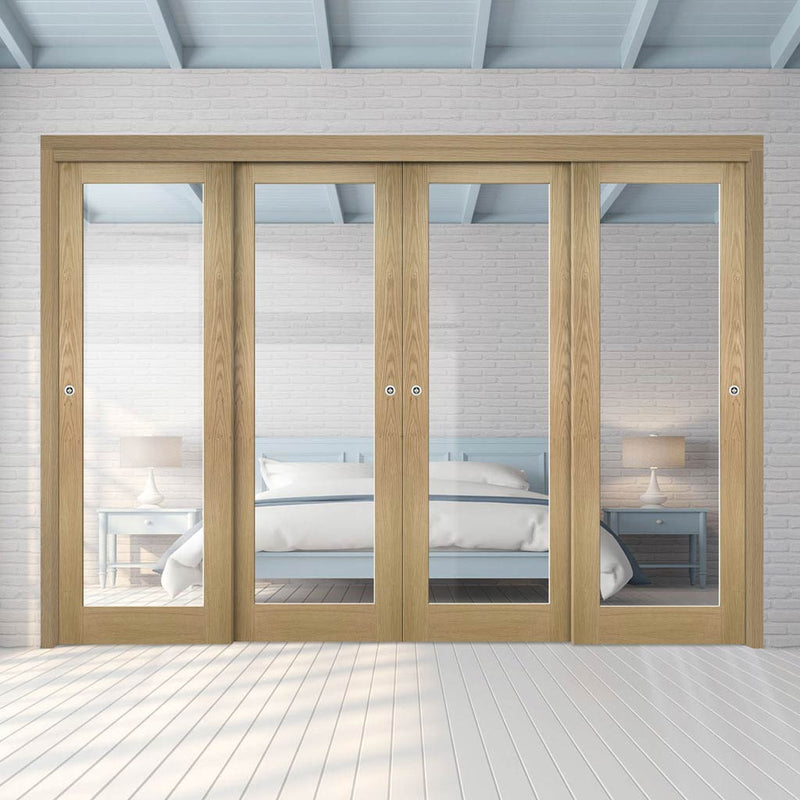 Pass-Easi Four Sliding Doors and Frame Kit - Walden Real American Oak Veneer Door - Clear Glass - Unfinished