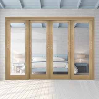 Image: Pass-Easi Four Sliding Doors and Frame Kit - Walden Real American Oak Veneer Door - Clear Glass - Unfinished