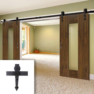 Image: Double Sliding Door & Arrowhead Black Track - Axis Shaker Walnut Doors - Clear Glass - Prefinished