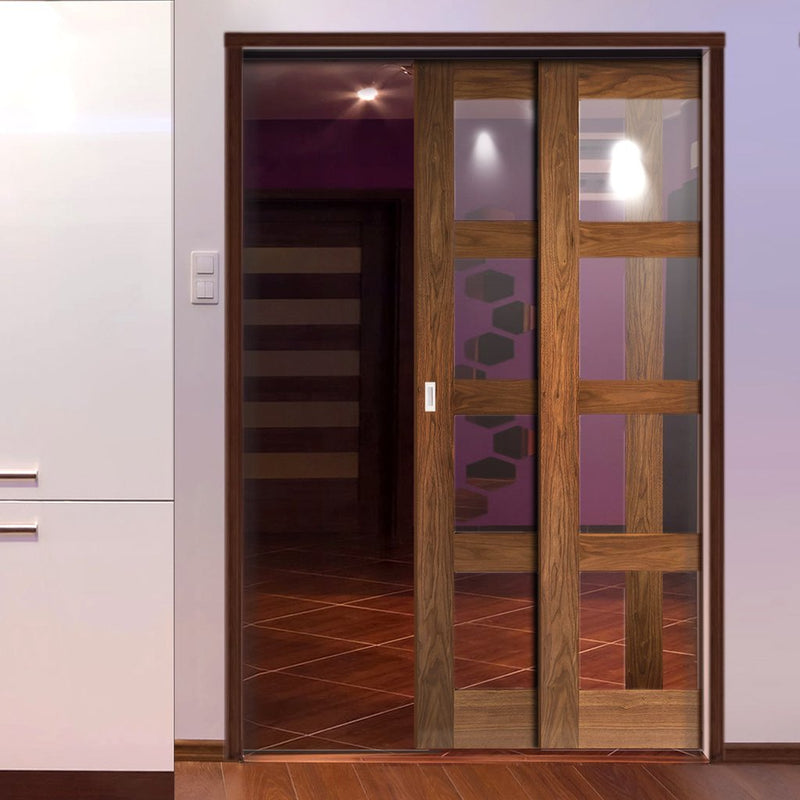 Coventry Walnut Veneer Shaker Style Staffetta Twin Telescopic Pocket Doors - Clear Glass - Prefinished