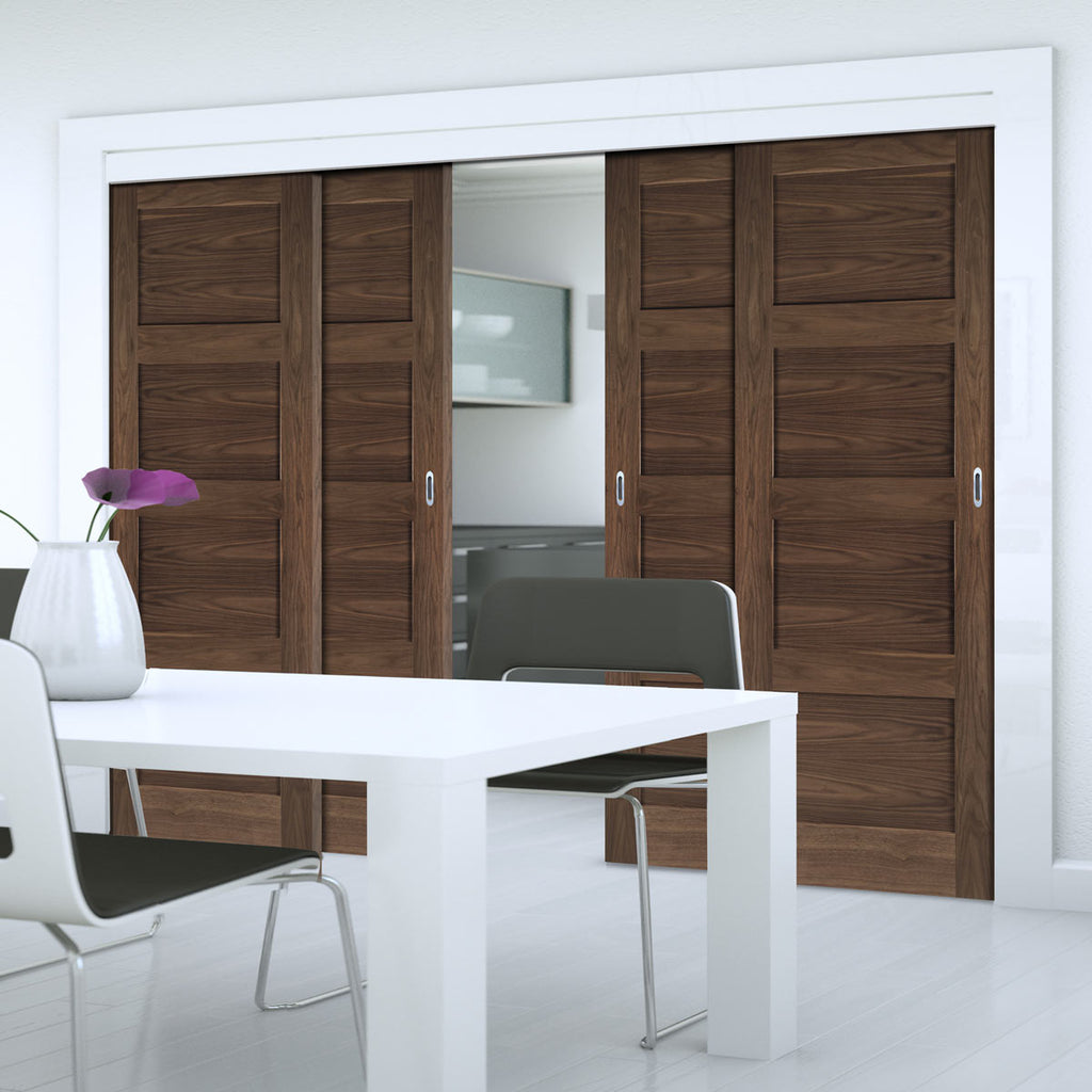 Pass-Easi Four Sliding Doors and Frame Kit - Coventry Prefinished Walnut Shaker Style Door