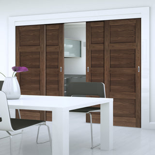 Image: Pass-Easi Four Sliding Doors and Frame Kit - Coventry Prefinished Walnut Shaker Style Door