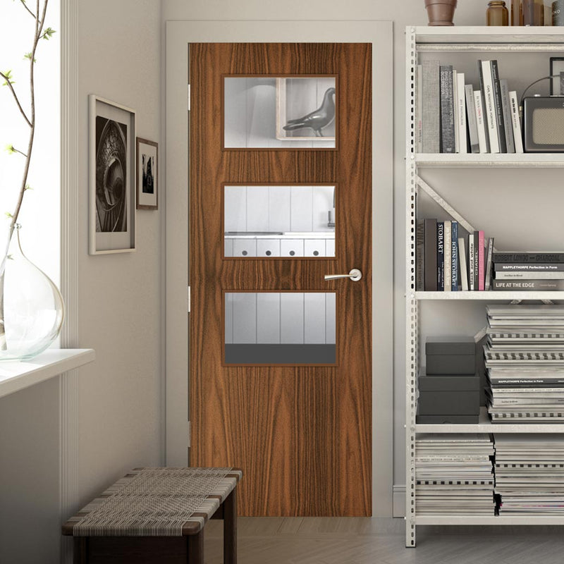 Bespoke Walnut Veneer Door – 3 Horiz Panes | Direct Doors