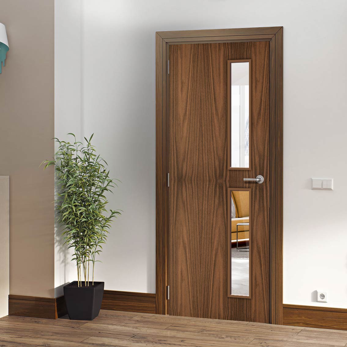 Bespoke Walnut Veneer Door – Twin Vert Panes | Direct Doors