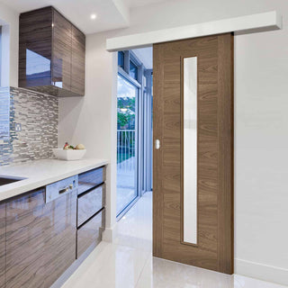 Image: Single Sliding Door & Wall Track - Sofia Walnut Veneer Door - Clear Glass - Prefinished
