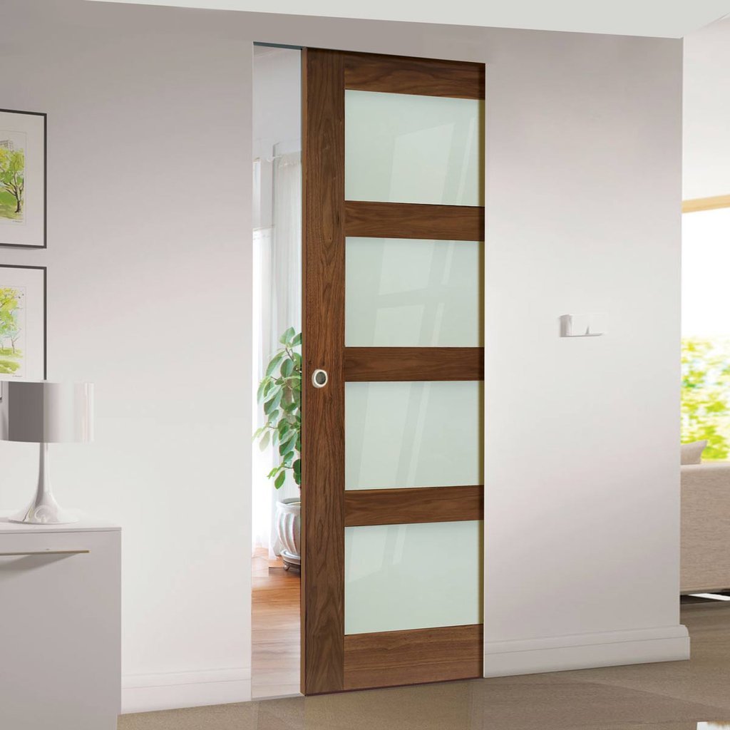 Coventry Walnut Shaker Style Absolute Evokit Single Pocket Door - Frosted Glass - Prefinished