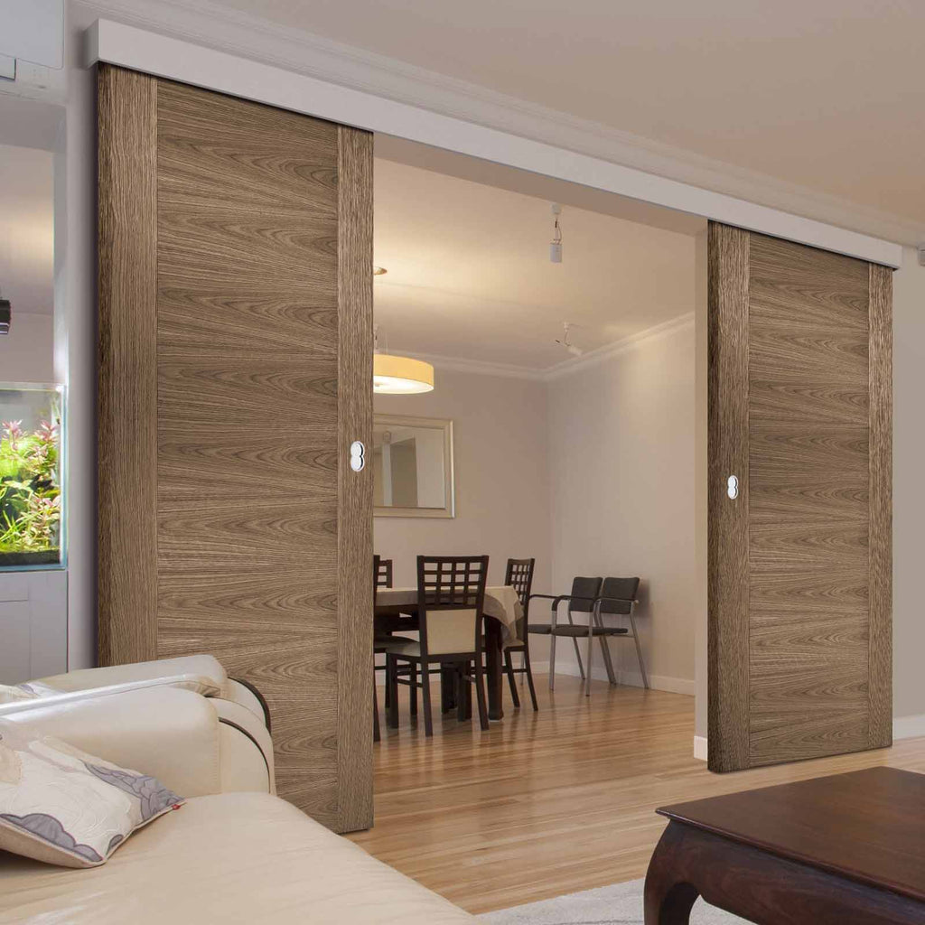 Double Sliding Door & Wall Track - Sofia Walnut Veneer Doors - Prefinished