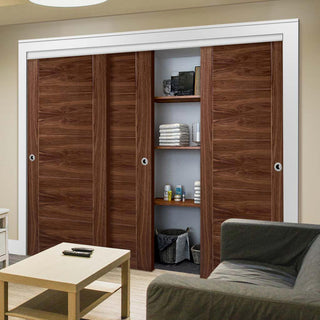 Image: Three Sliding Wardrobe Doors & Frame Kit - Vancouver 5 Panel Flush Walnut Door - Prefinished
