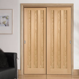 Image: Two Sliding Wardrobe Doors & Frame Kit - Idaho 3 Panel Oak Door - Prefinished
