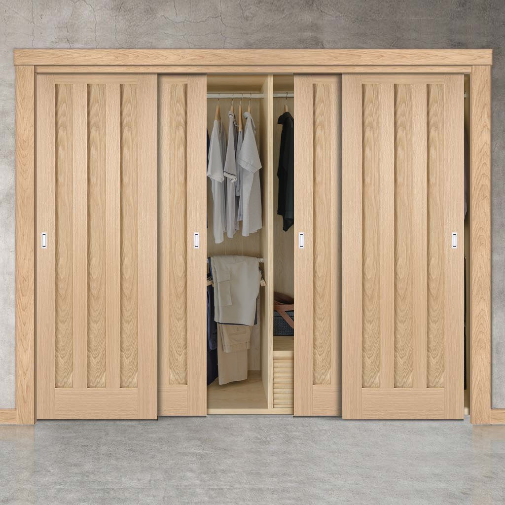 Four Sliding Wardrobe Doors & Frame Kit - Idaho 3 Panel Oak Door - Prefinished
