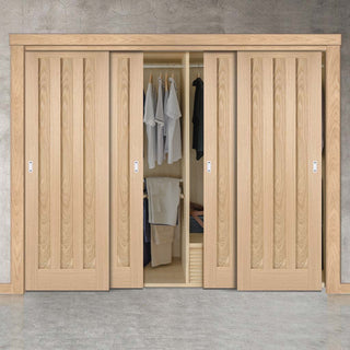 Image: Four Sliding Wardrobe Doors & Frame Kit - Idaho 3 Panel Oak Door - Prefinished