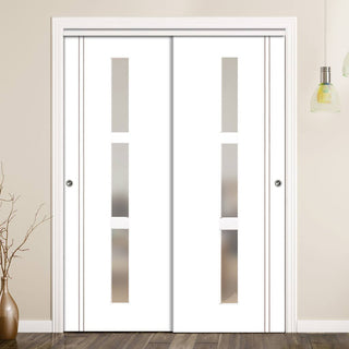 Image: Two Sliding Wardrobe Doors & Frame Kit - Sierra Blanco Door - Frosted Glass - White Painted